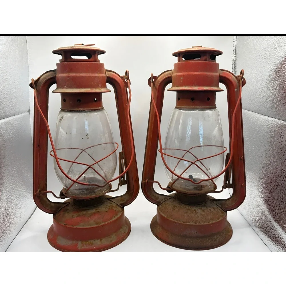 Vintage Red Hurricane Lantern Pair Rustic Metal Oil Lamps Antique FarmhouseDecor